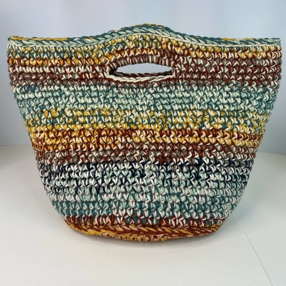 Handcrafted Multicolor Crochet Scrap Woven Tote Bag Basket Storage Handmade Knit